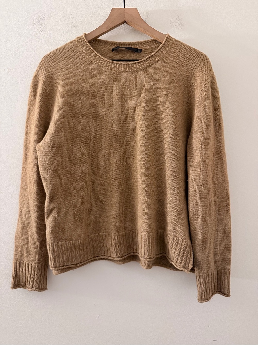 Jenni kayne Classic Cozy Crewneck Sweater roll neck Camel wool blend
